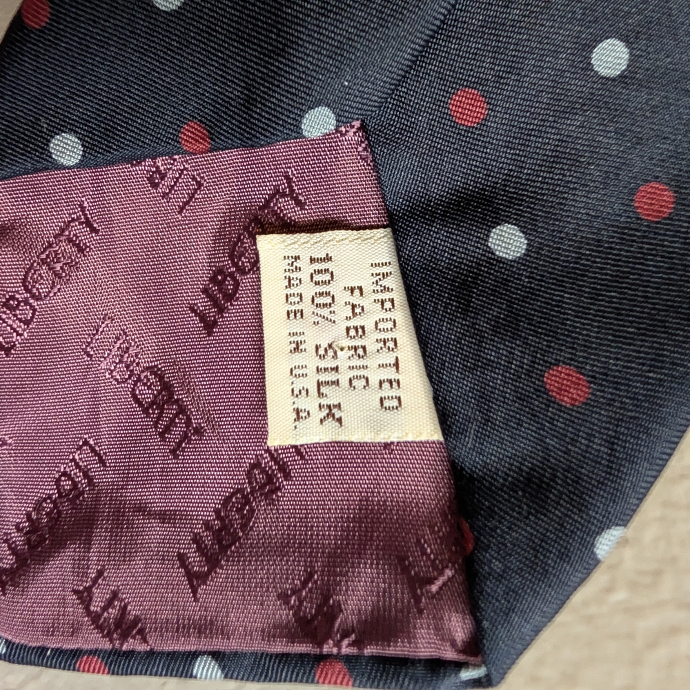 Liberty of London Navy Tie with Red and Light Blue Polka Dots 100% silk - Picture 3 of 4